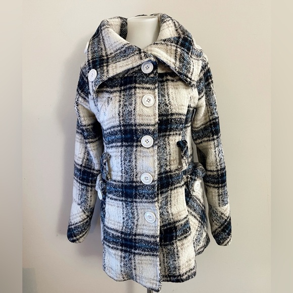 Vintage Dollhouse Funnel neck Plaid Pea Coat Fall Chic Preppy Winter
